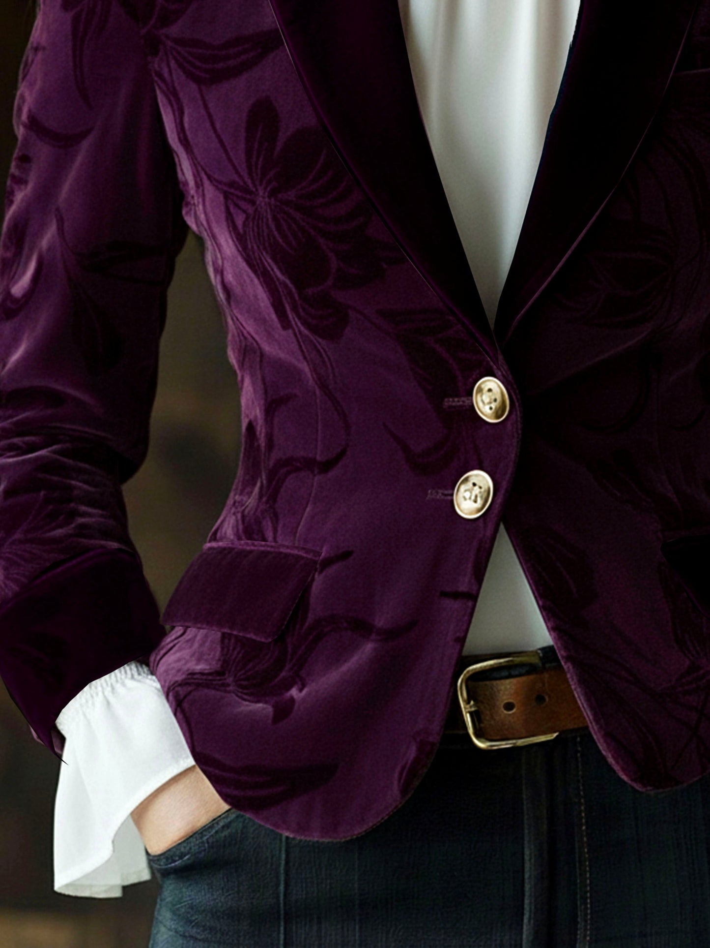 Elegant Deep Plum Floral Embossed Velvet Blazer