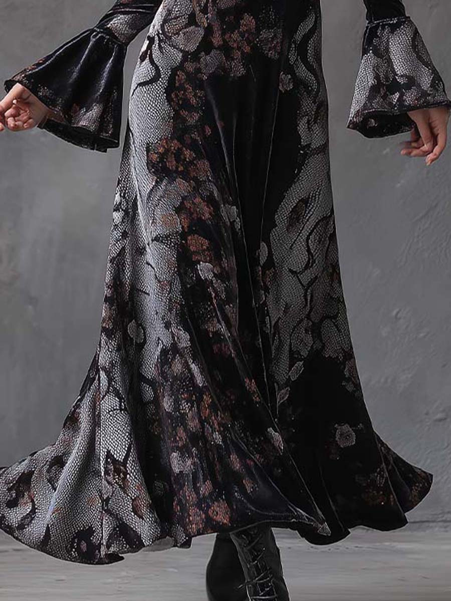 Velvet Maxi Dress With Snake & Floral Print