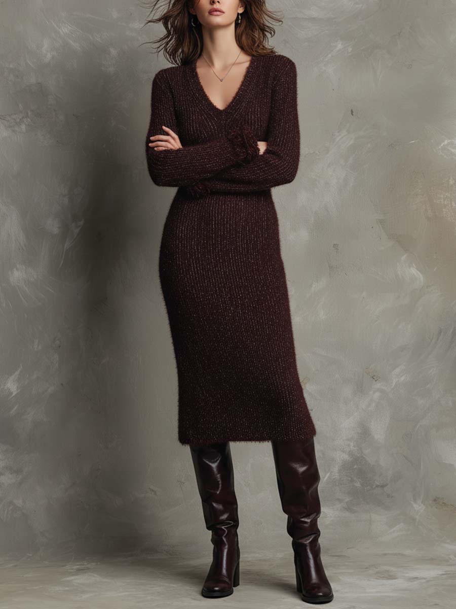 Burgundy Fuzzy Knit Midi Dress With Detachable Cuffs