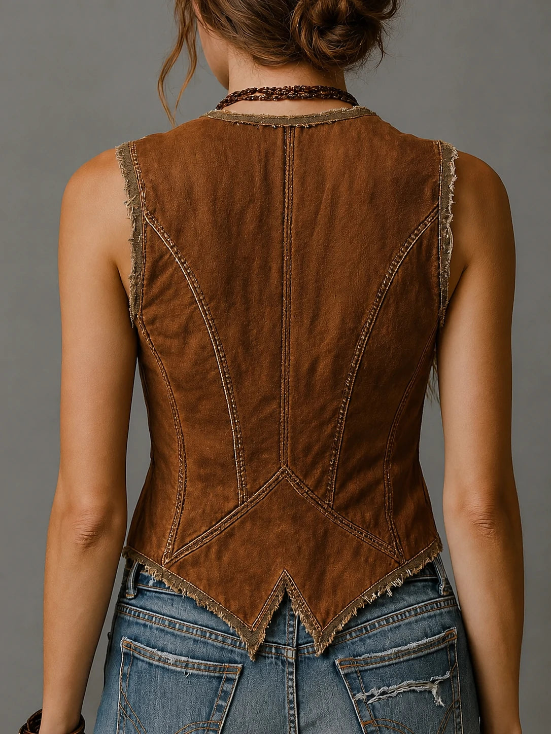 Washed Caramel Denim With Brass Button Stitching Vest
