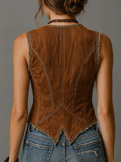 Washed Caramel Denim With Brass Button Stitching Vest