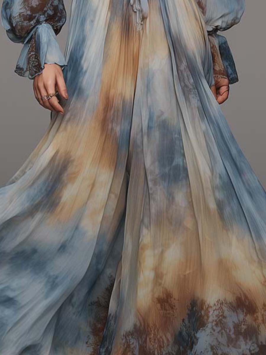 Vintage Tie-Dye Print Balloon Sleeves Flowy Maxi Dress