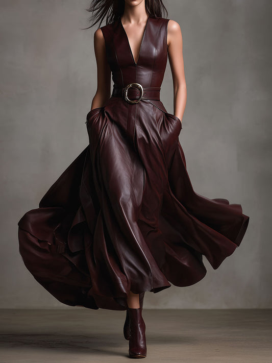 Quiet Luxury Burgundy Eco Leather Maxi Dress