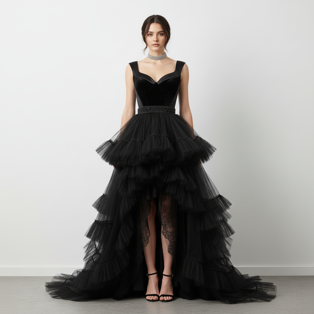 Elegant Black Tiered Ruffle High-Low Gown