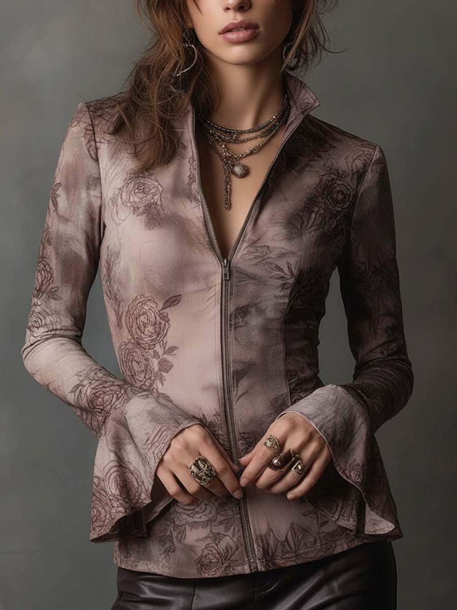 Eco-Suede Rose-Print Fitted Zip Jacket — Desert Botanical Edition