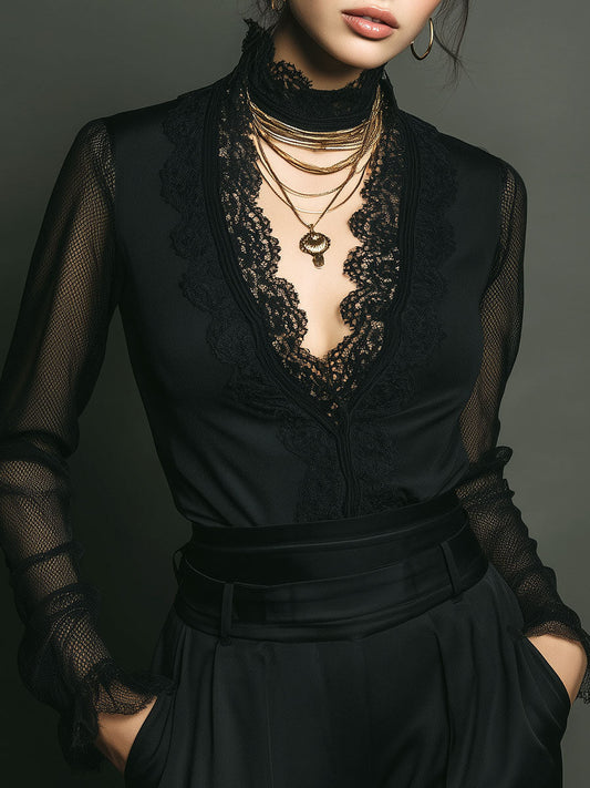 Romantic Black Sheer Mesh Sleeve Lace High Neck Top