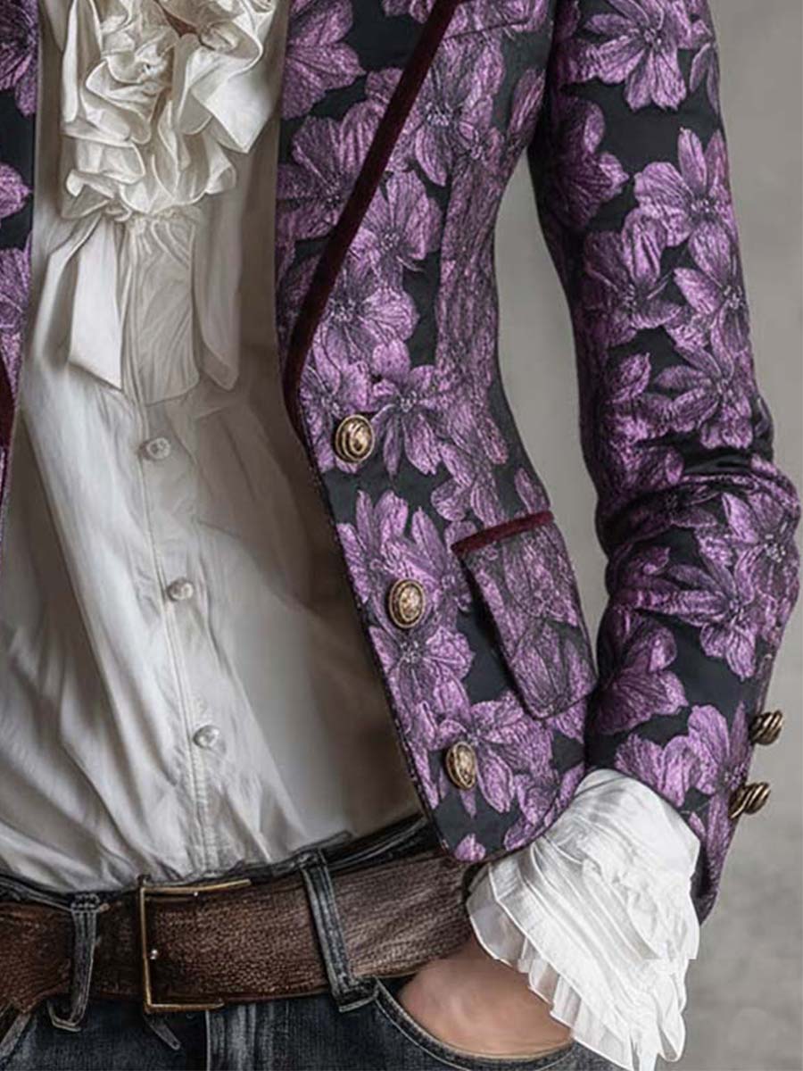 Purple Jacquard Velvet Blazer With Vintage Gold Buttons