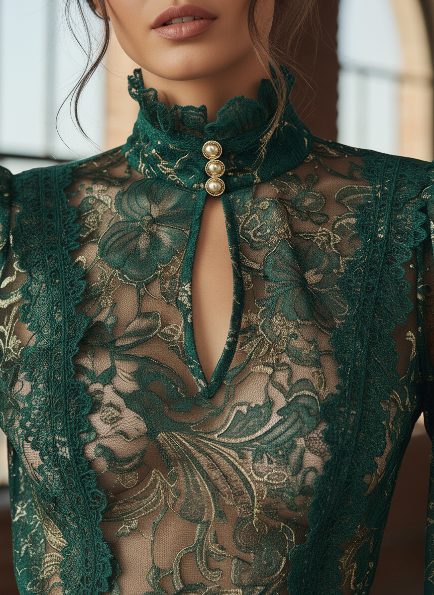 Emerald Green Gold Lace Sheer High-Neck Blouse with Keyhole Detail