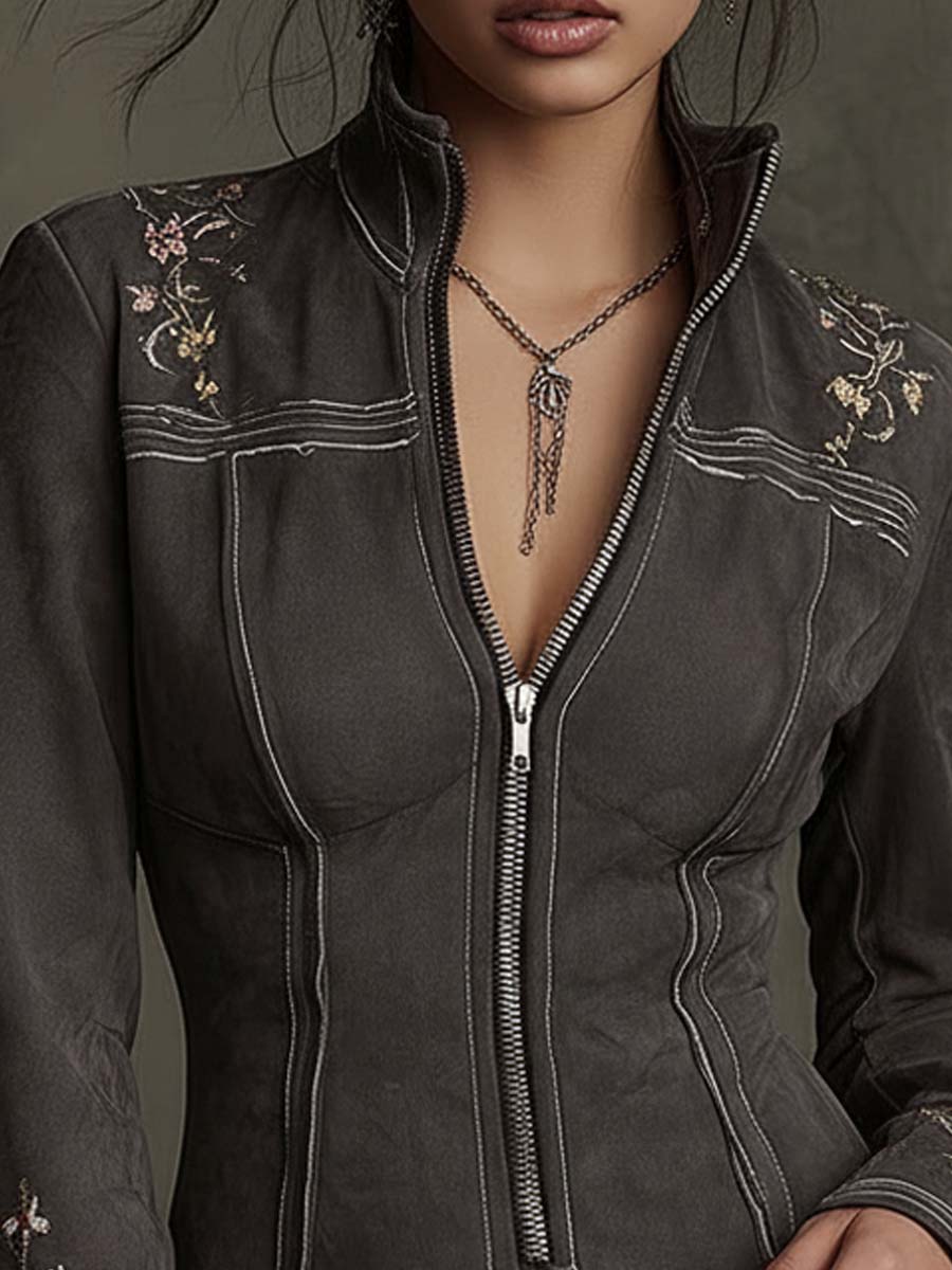 Charcoal Gray Embroidered Zip-Up Suede Mini Dress