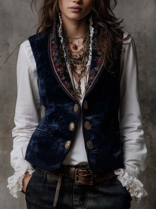 Navy Velvet Embroidered Lapel Vest