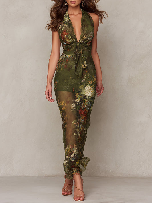 Bohemian Halter-neck Chiffon Printed Maxi Dress