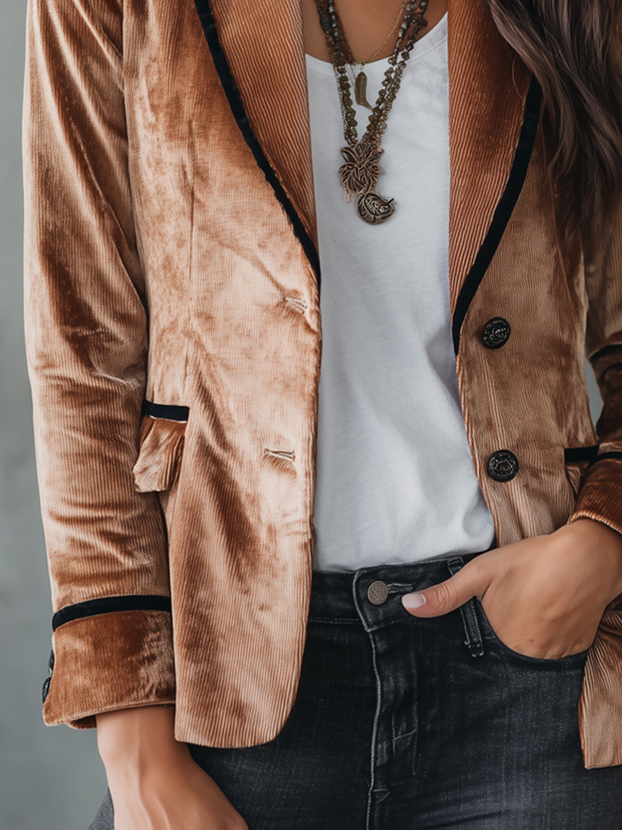 Retro Contrast Trim Velvet Blazer