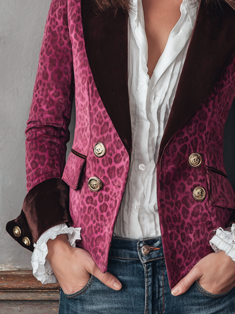 Vintage Contrast Cuffs Leopard Print Polyester Velvet Blazer