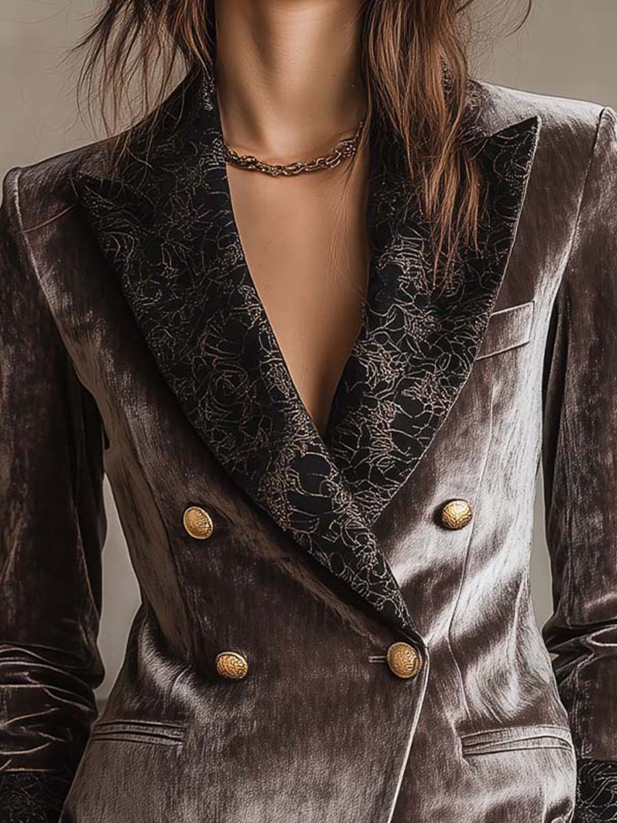 Velvet Blazer With Printed Lapel And Cuffs – Smoky Taupe