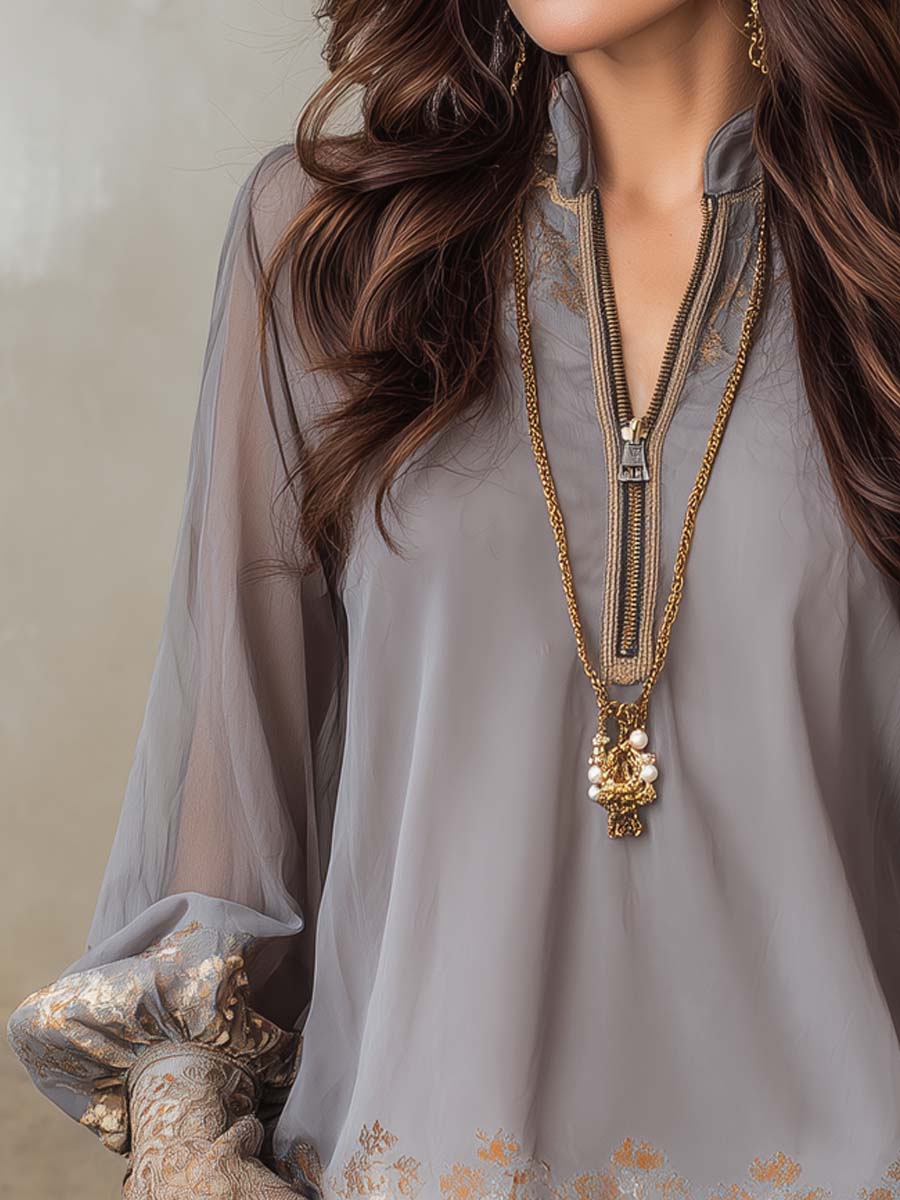 Vintage-style Zippered Collar Floral Chiffon Blouse