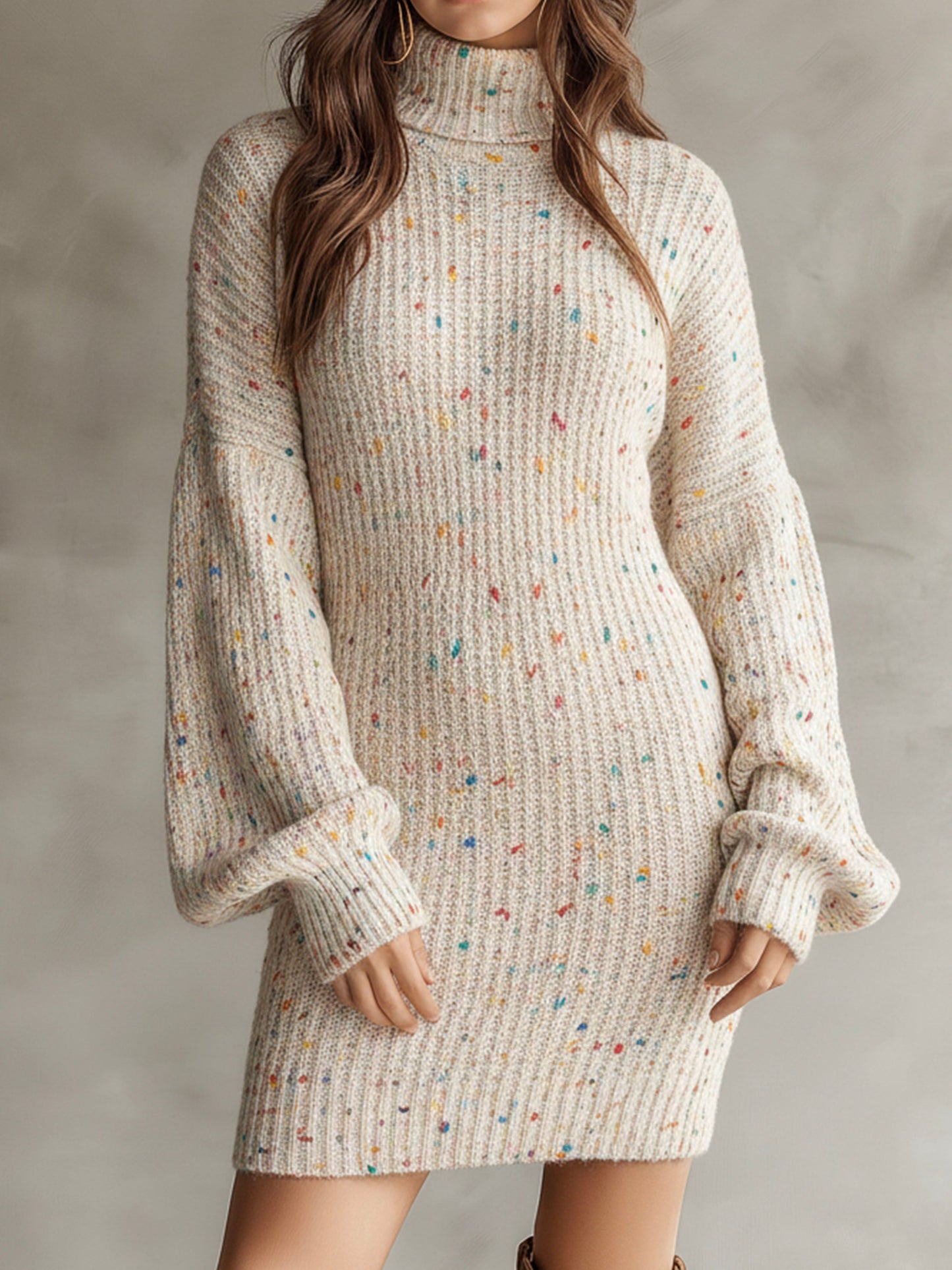 Chic Turtleneck Colorful Speckled Ribbed Knit Sweater Dress
