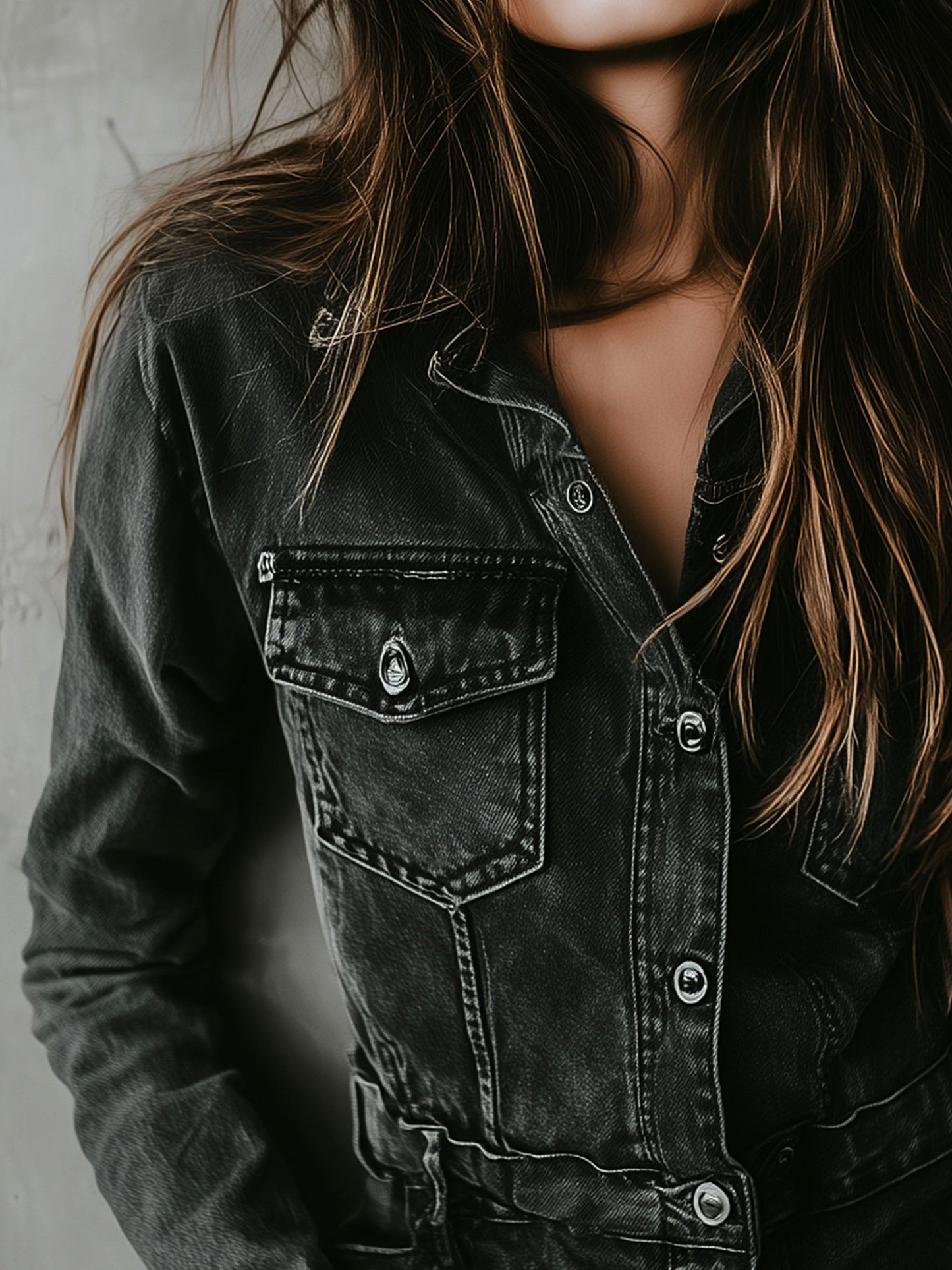 Retro Washed Black Denim Utility Jacket