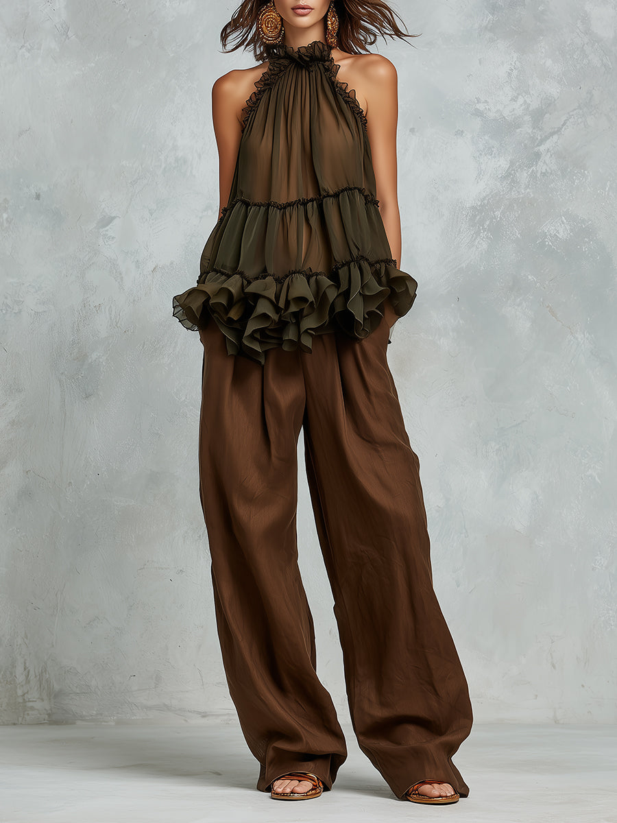 Vintage Double-layered Chiffon Sleeveless Blouse With Ruffles