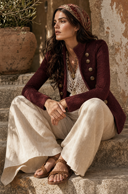 Retro Ribbed Knit Double-Breasted Military Cardigan With Gold Buttons