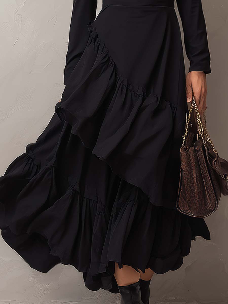 Retro-style Draped Neckline And Irregular Hem Midi Dress