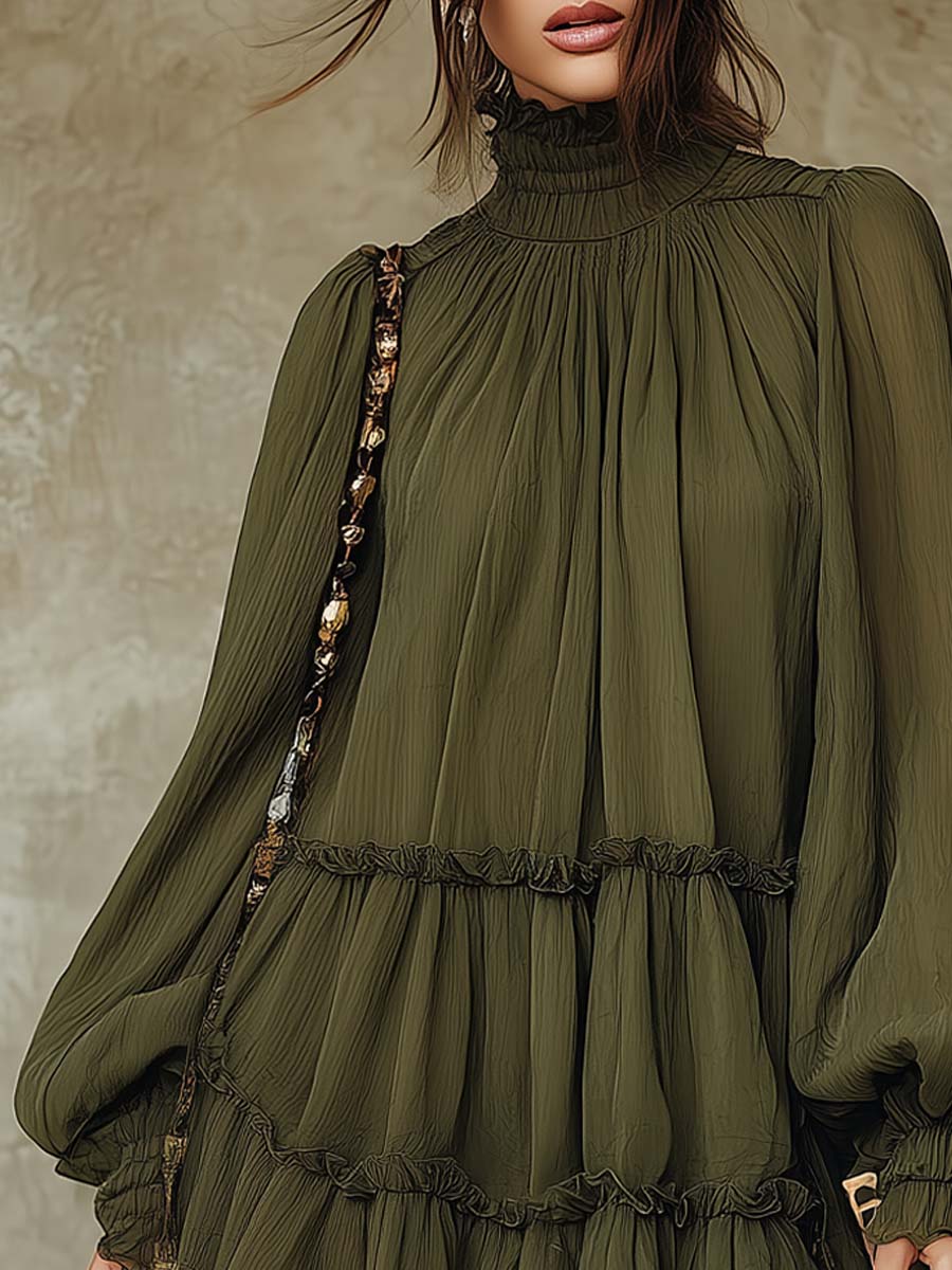 Retro High-neck Ruffled Hem Chiffon Mini Dress