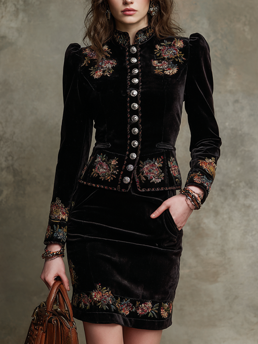 Vintage Embroidered Polyester Velvet Slim Jacket