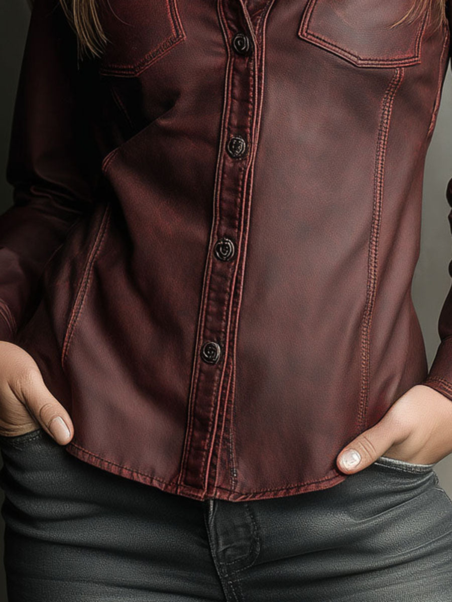 Vintage-Inspired Burgundy Fitted Eco Leather Shirt Jacket