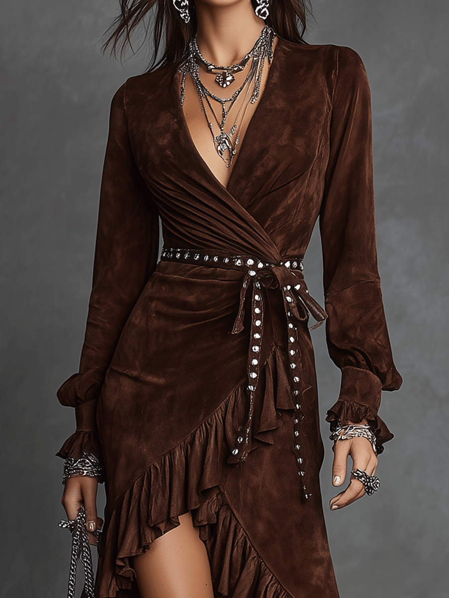 Vintage Brown Suede Ruffled Wrap Maxi Dress