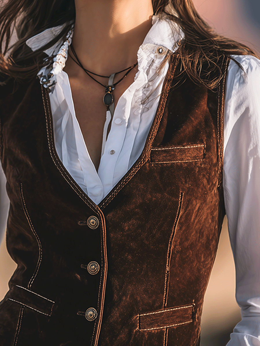 Country Western Cowboy Brown Slim Fit Faux Suede Vest