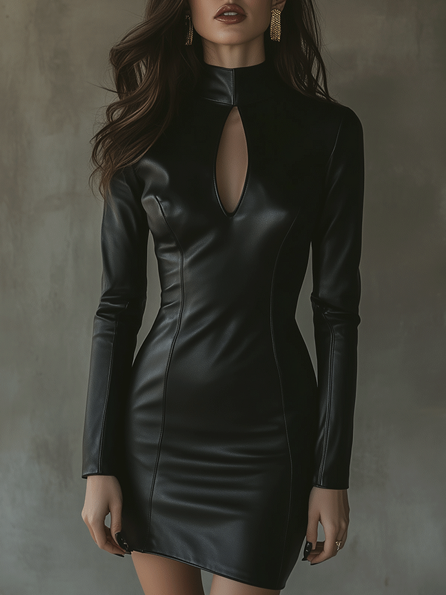 Black Faux Leather Keyhole Mini Dress
