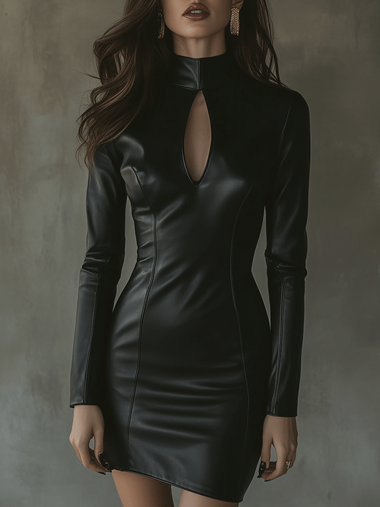 Black Faux Leather Keyhole Mini Dress