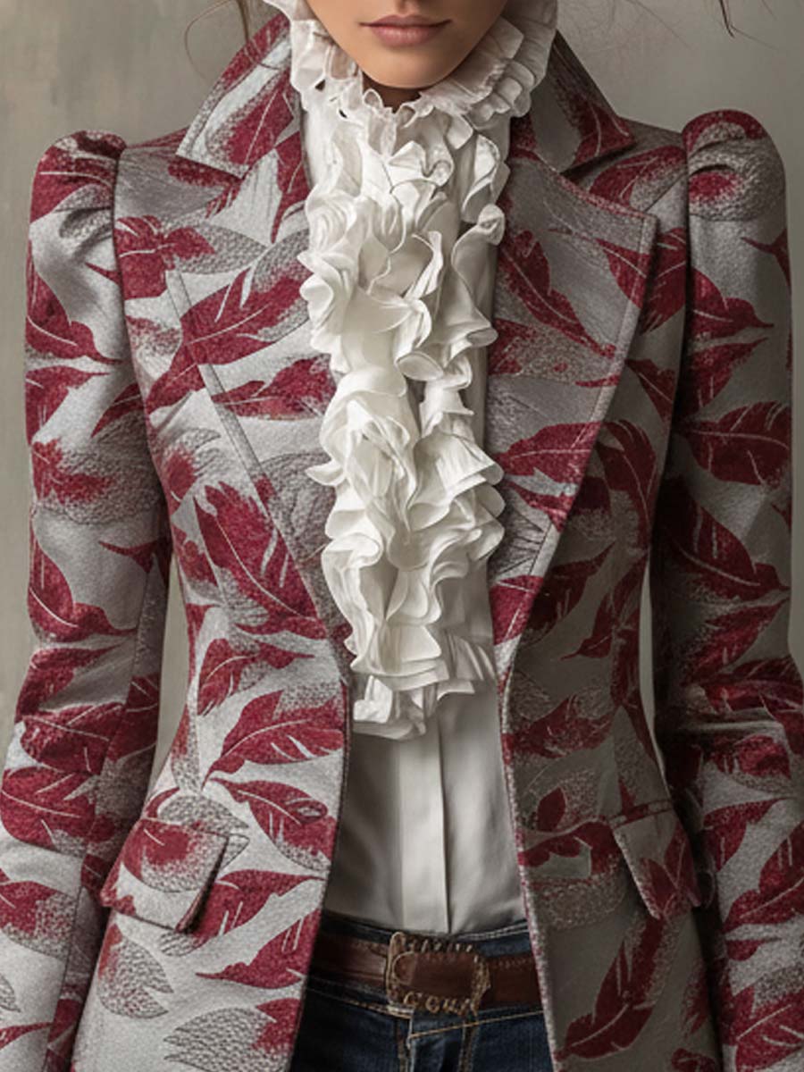 Vintage Jacquard Leaf Pattern Blazer In Red And Gray