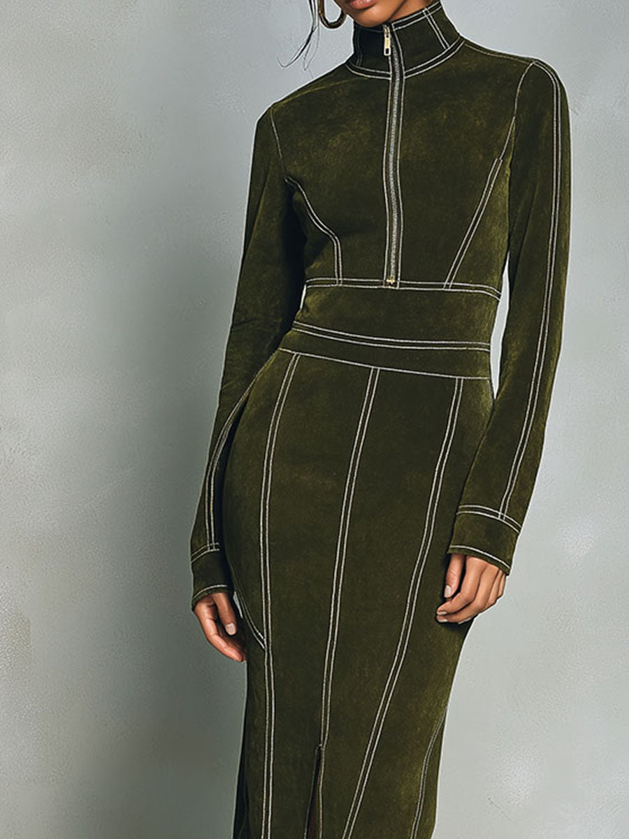 High Neck Zip-Up Olive Green Midi Dress With Contrast Stitching