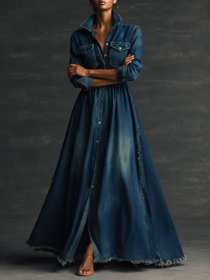 Stylish Stand Collar Washed Raw Hem Maxi Dress