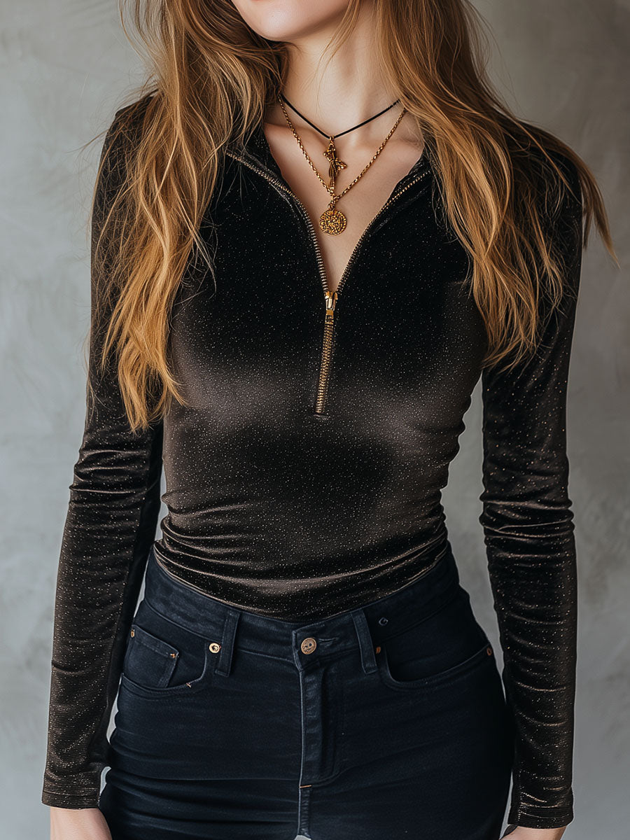 Chic Glitter Velvet Zip Neck Fitted Shimmery Top
