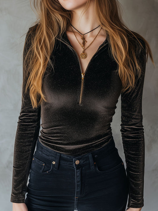 Chic Glitter Velvet Zip Neck Fitted Shimmery Top