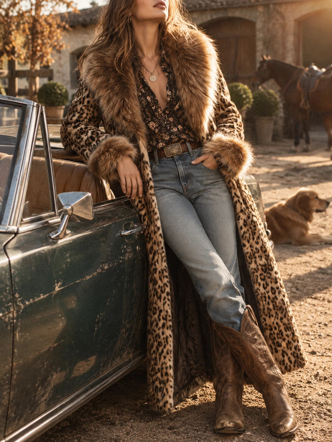 Vintage Boho Leopard  Faux Fur Longline Coat