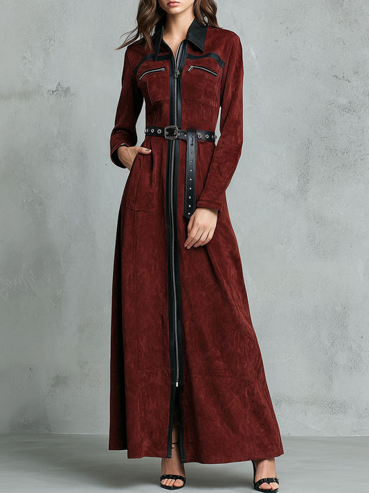 Contrast Trim Burgundy Eco Suede Maxi Dress With Zipper And Belt