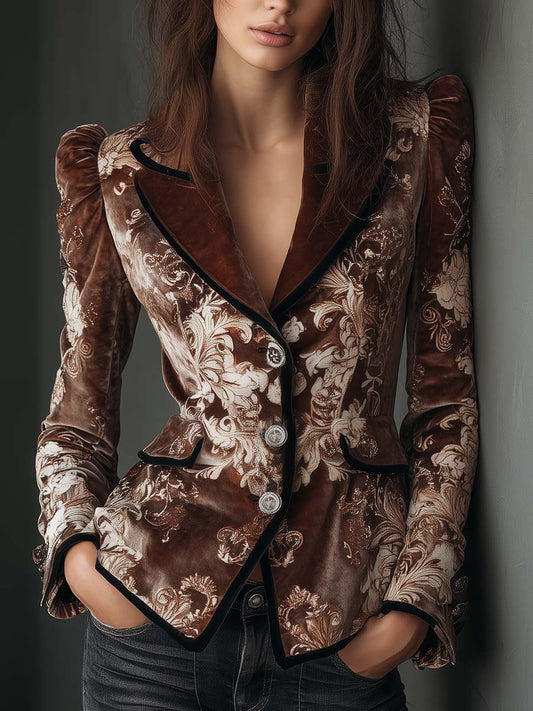 Mocha Cream Baroque Print Polyester Velvet Blazer
