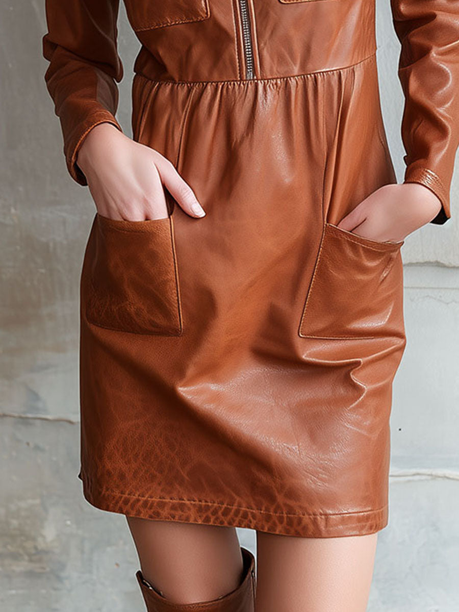 Vintage Brown Eco Leather Zip Front Shirt Dress With Pockets