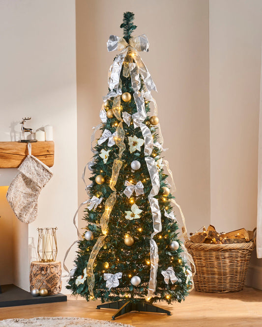 Pre-Decorated Holly Popup Christmas Tree, 200 Warm White LED, Champagne & Silver, 6 ft / 1.8 m