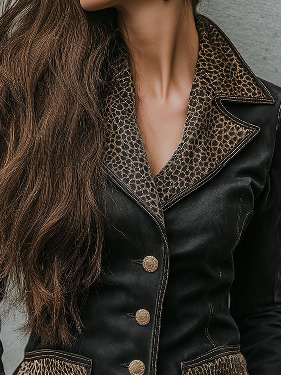 Vintage Black Eco Leather Blazer With Leopard Pattern Trim