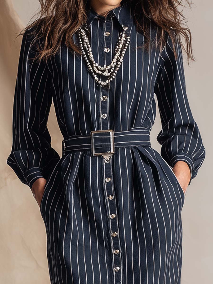 Vintage Navy Workwear Lapel Straight Belted Midi Dress