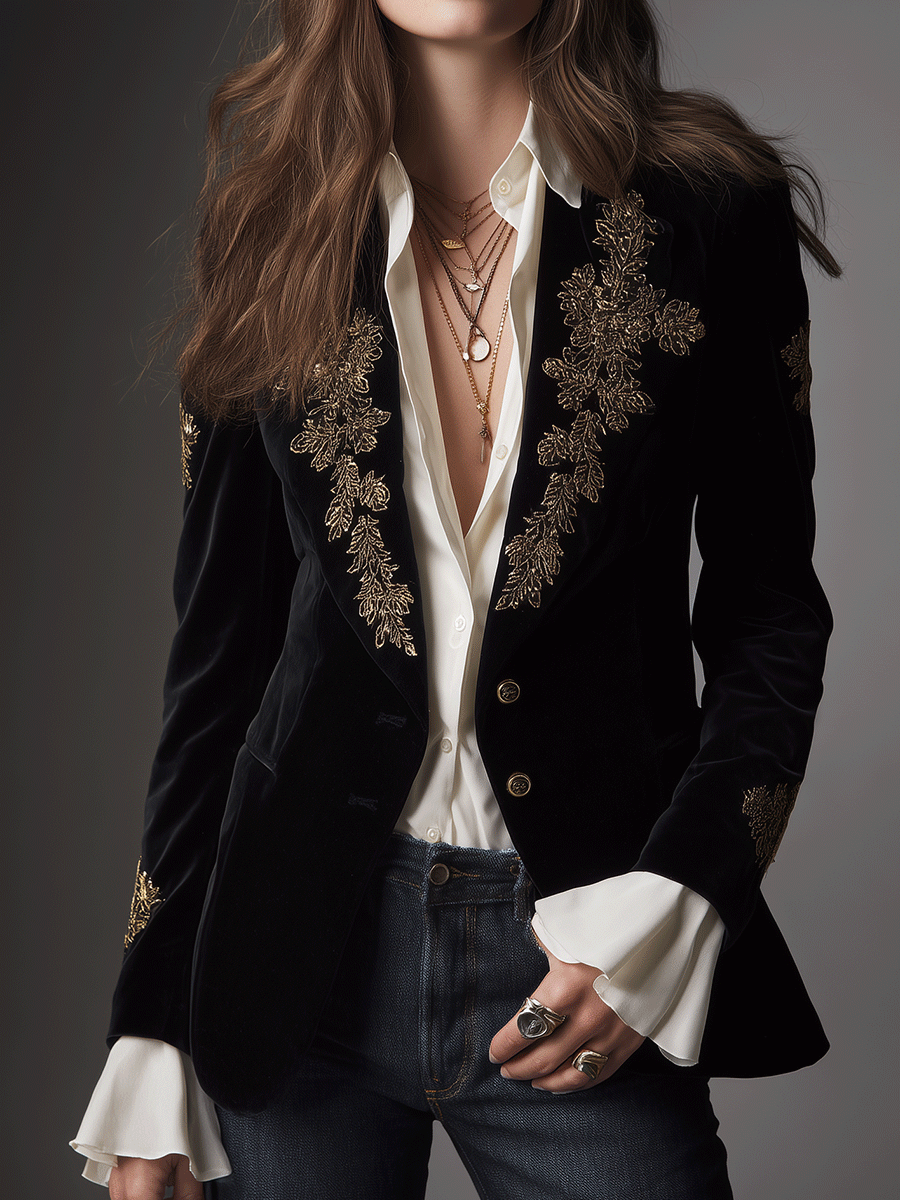 Black Velvet Gold Embroidery Blazer