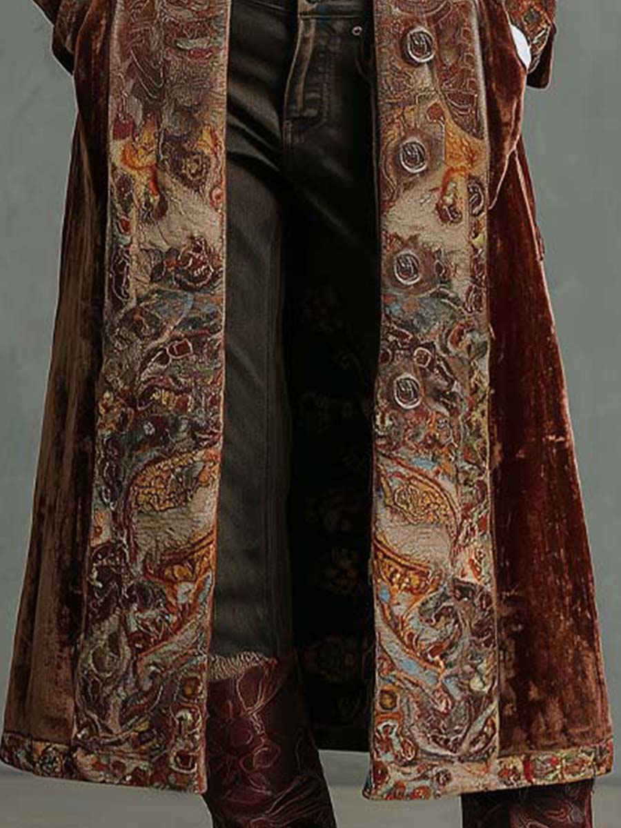 Velvet Paisley Trim Maxi Coat