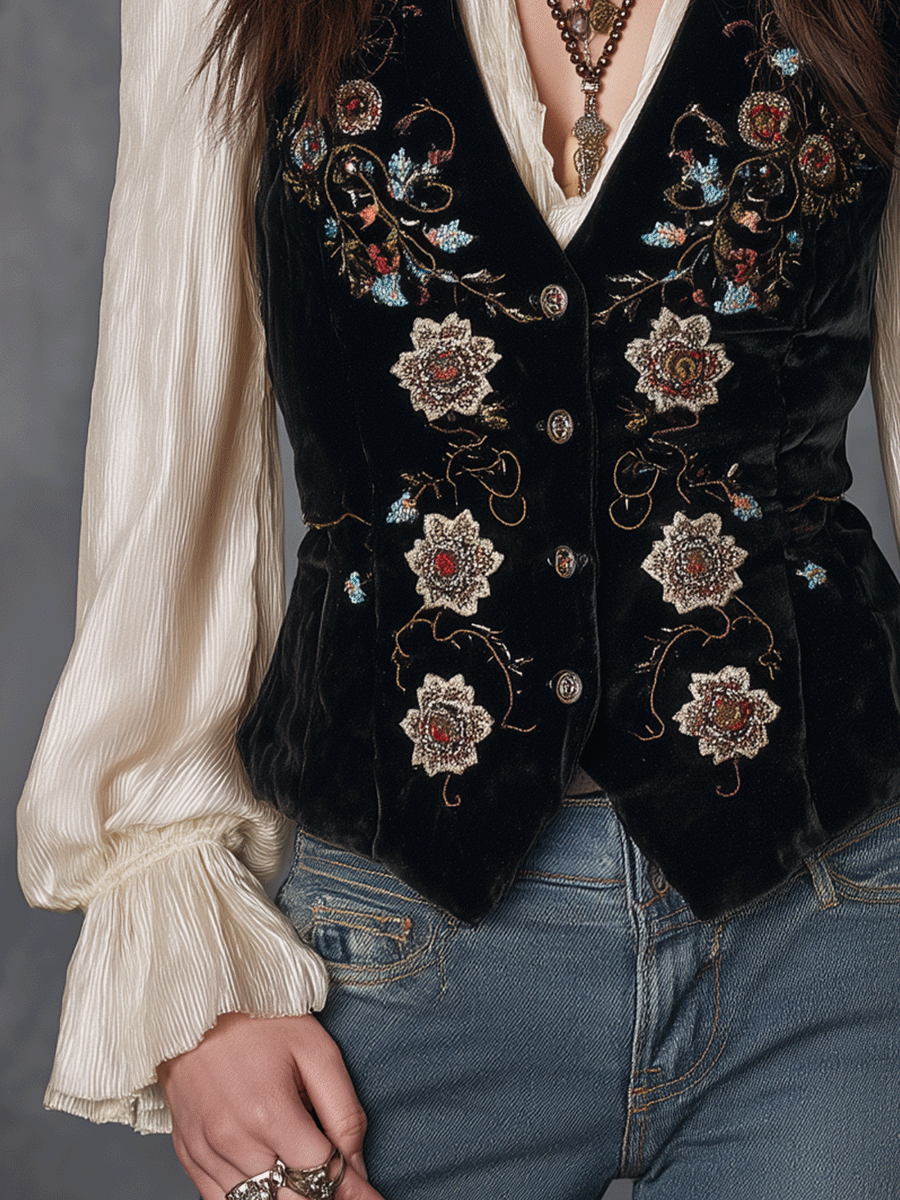 Bohemian Rose Embroidery Fitted Velvet Waistcoat