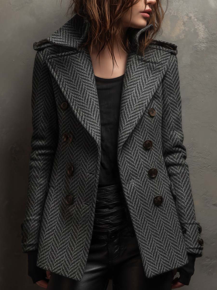 Herringbone Wool-Blend Double-Breasted Jacket