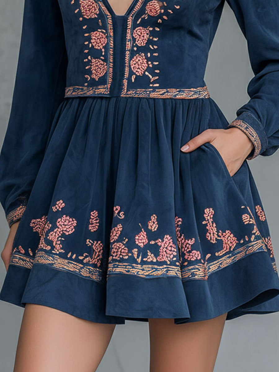 Boho V-Neck Navy Floral Embroidered Mini Dress With Side Pockets
