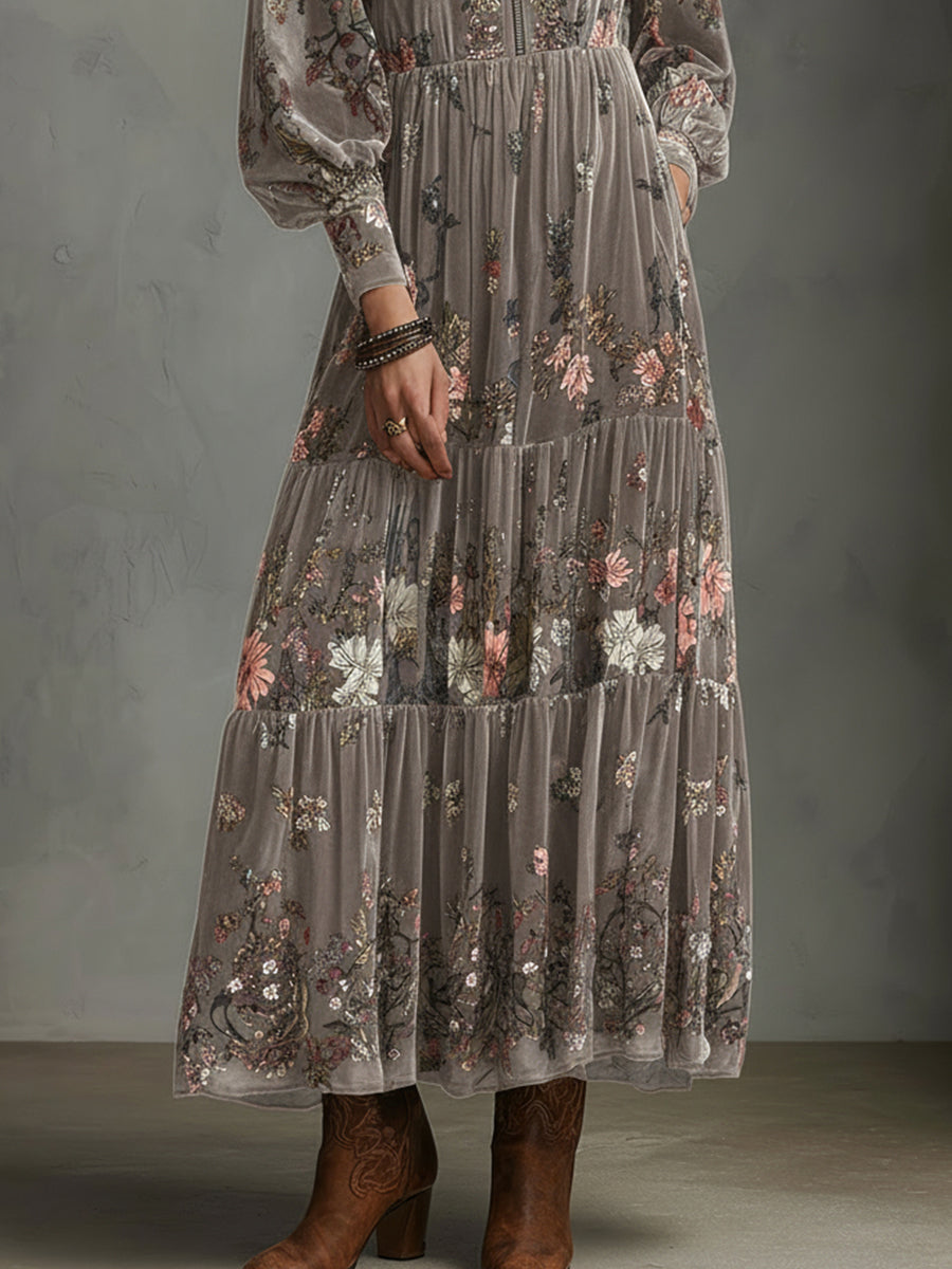 Quiet-boho Antique Rose Velvet Bloom Maxi Dress