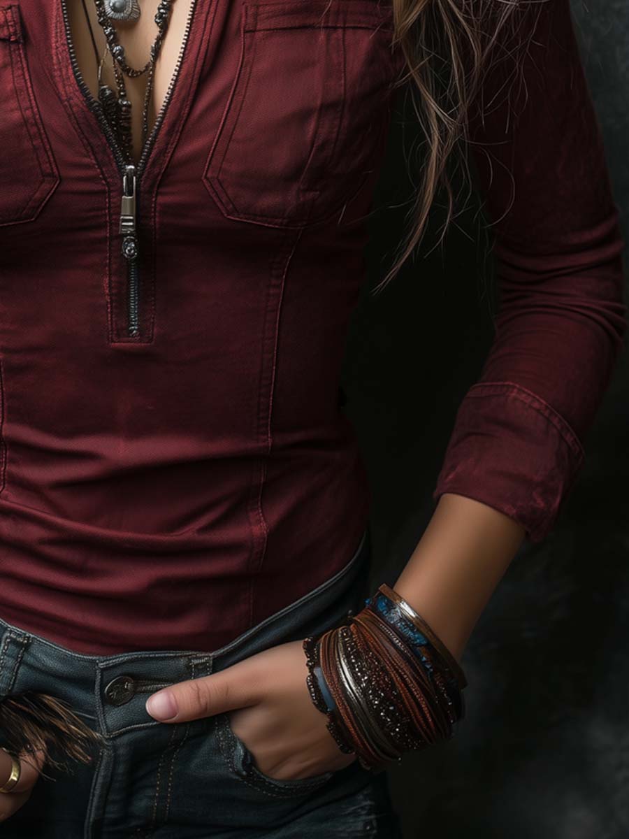 Vintage Half-zip Distressed Denim Blouse